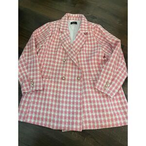 Meritt Pink White Gingham Tweed Blazer Double Breasted Pearl Button Jacket 1XL